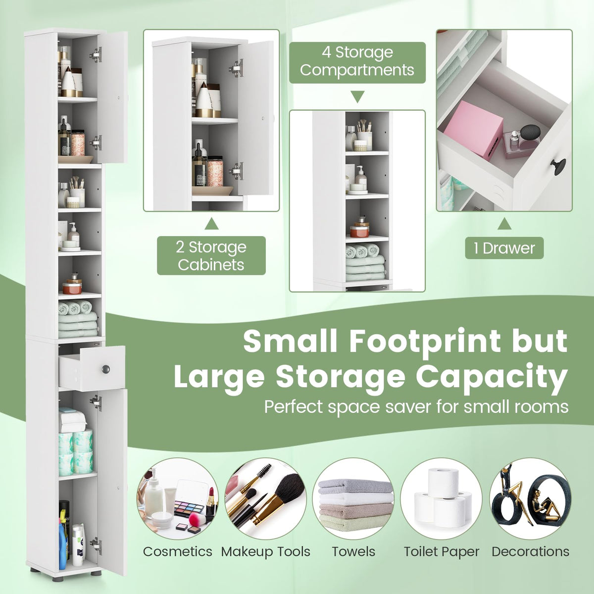 White Tall Slim Bathroom Storage Cabinet with 2 Doors 1 Drawer U77413