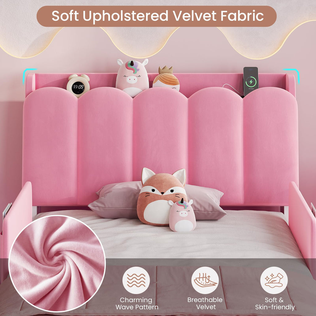 Pink Velvet Upholstered Twin Size Platform Bed with Storage Drawer K45787
