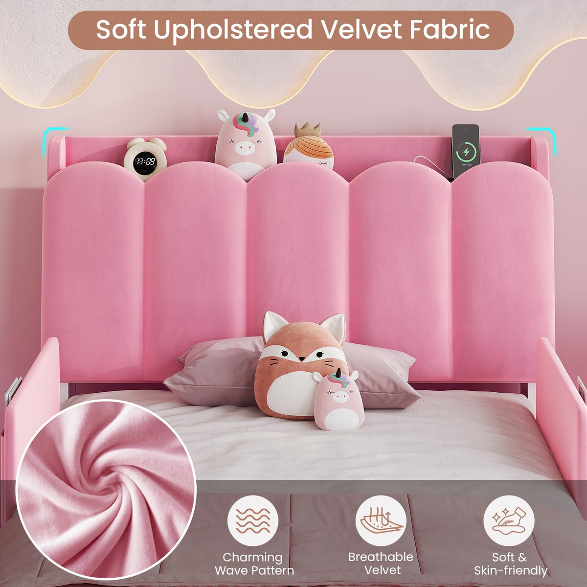 Pink Velvet Upholstered Twin Size Platform Bed with Storage Drawer K45787