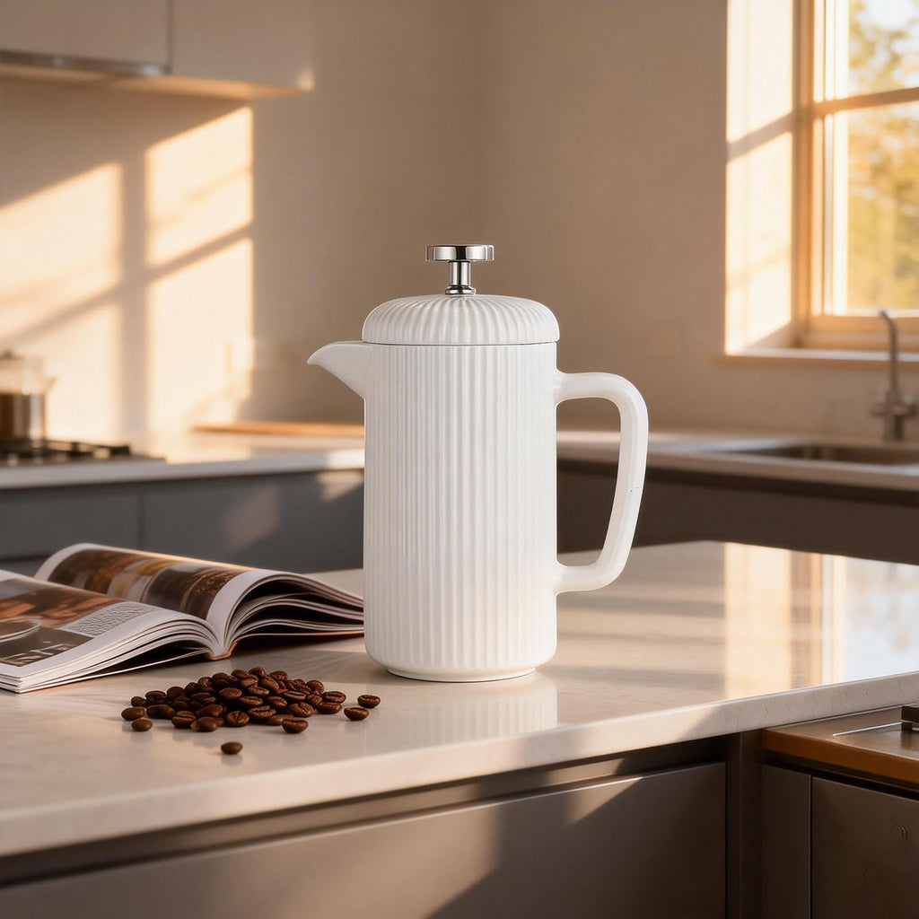 Porcelain French Press 22 fl oz Coffee Tea Maker with Stainless Steel Plunger Ivory D286145