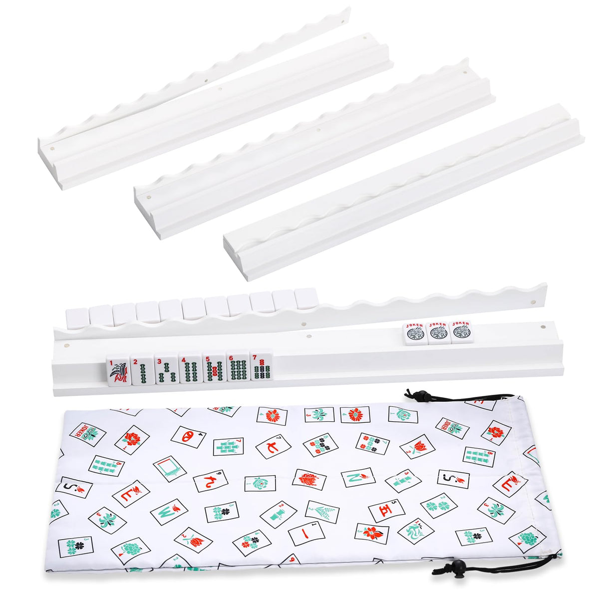White Wooden Mahjong Racks with Pushers Set of 4 V61510