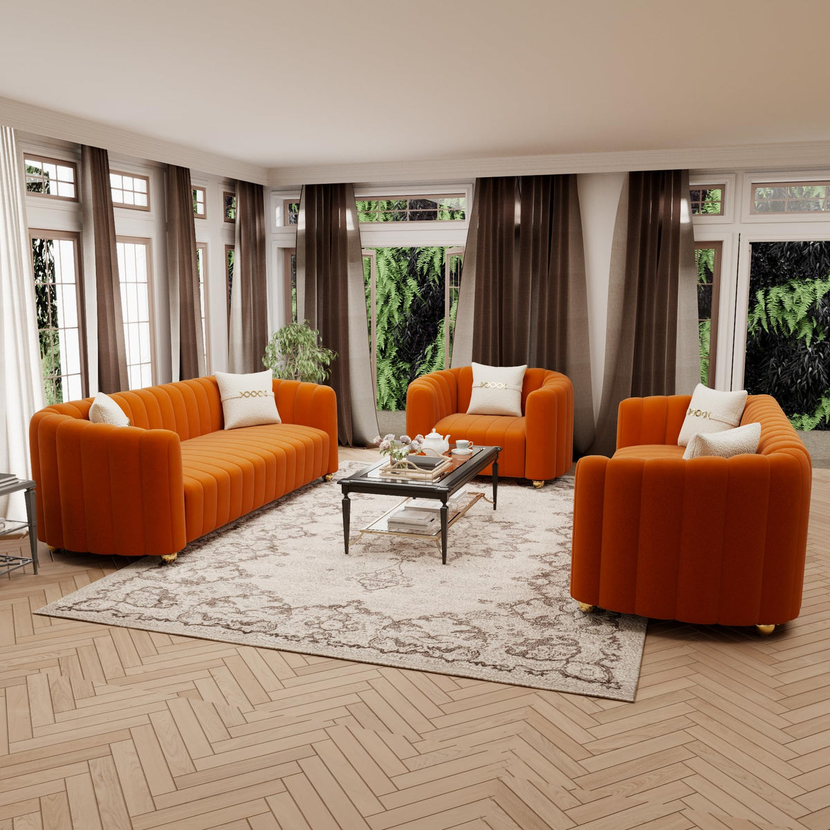 Orange Velvet Tufted 3-Piece Sofa Set G450469