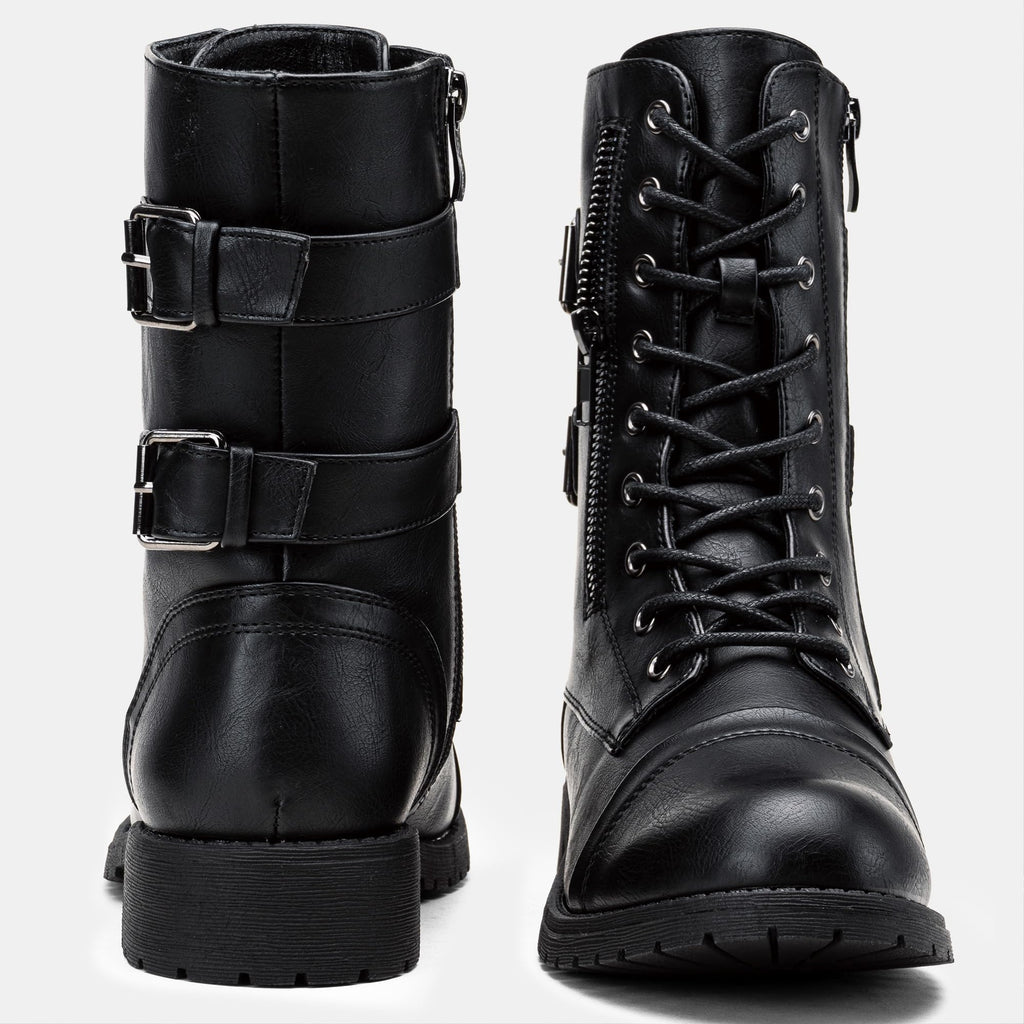 Women's Lace Up Mid Calf Combat Boots with Pocket G86064
