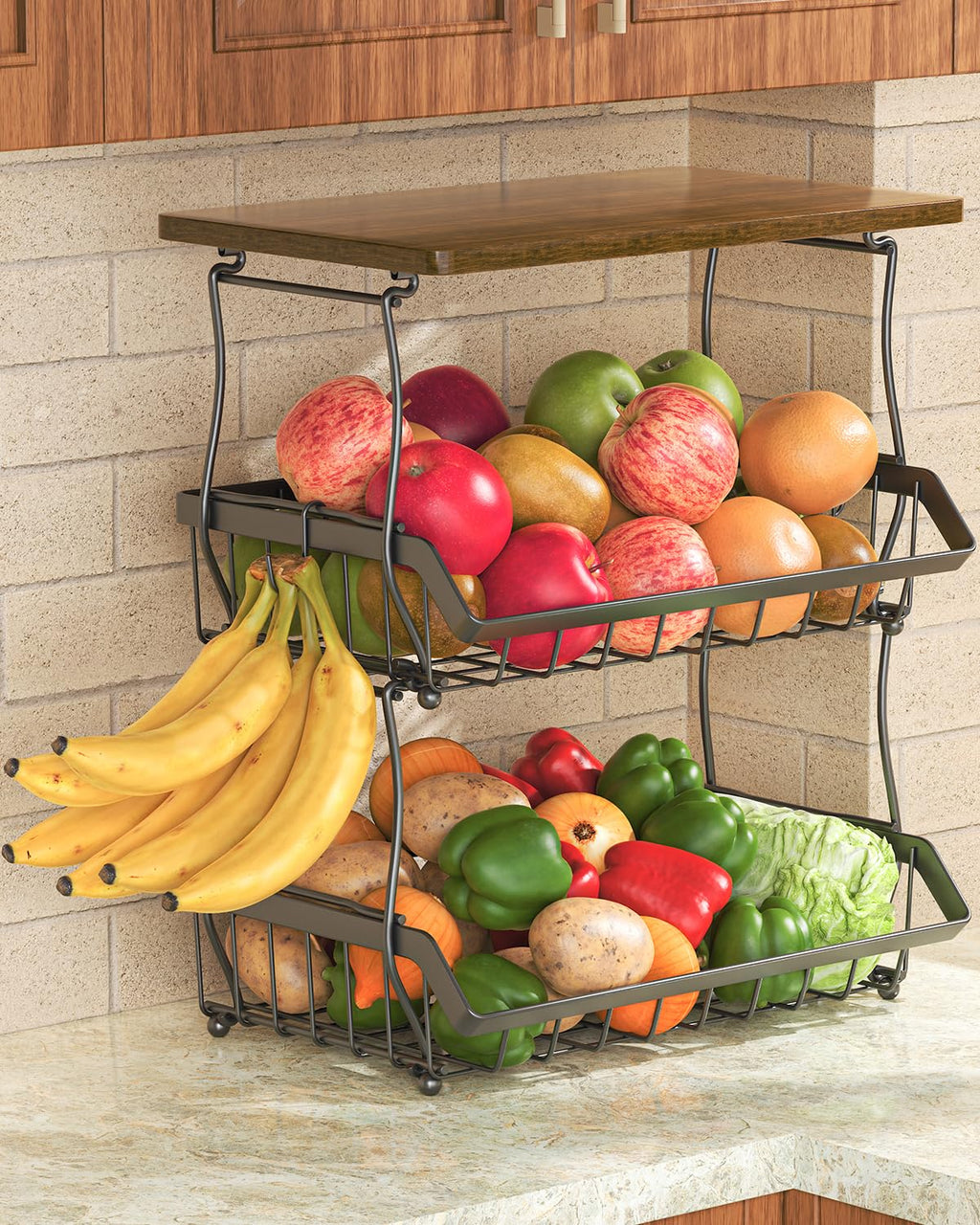 3 Tier Countertop Fruit Basket Bread Bowl with 2 Banana Hangers B4822