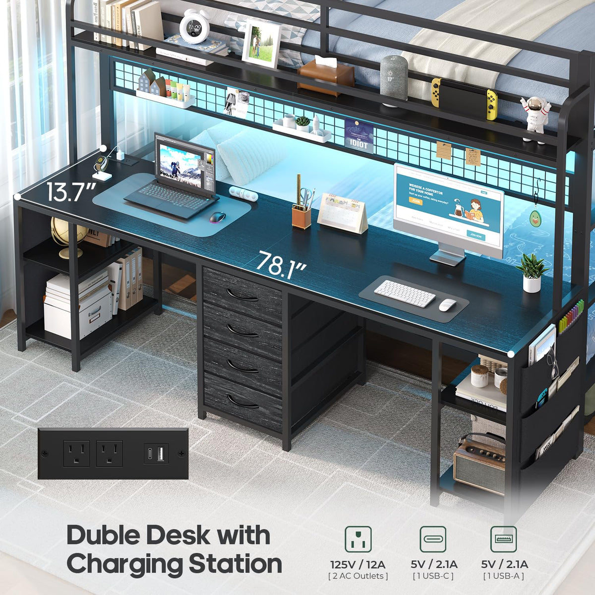 Twin Over Twin Bunk Bed with Desk and LED Lights P7002