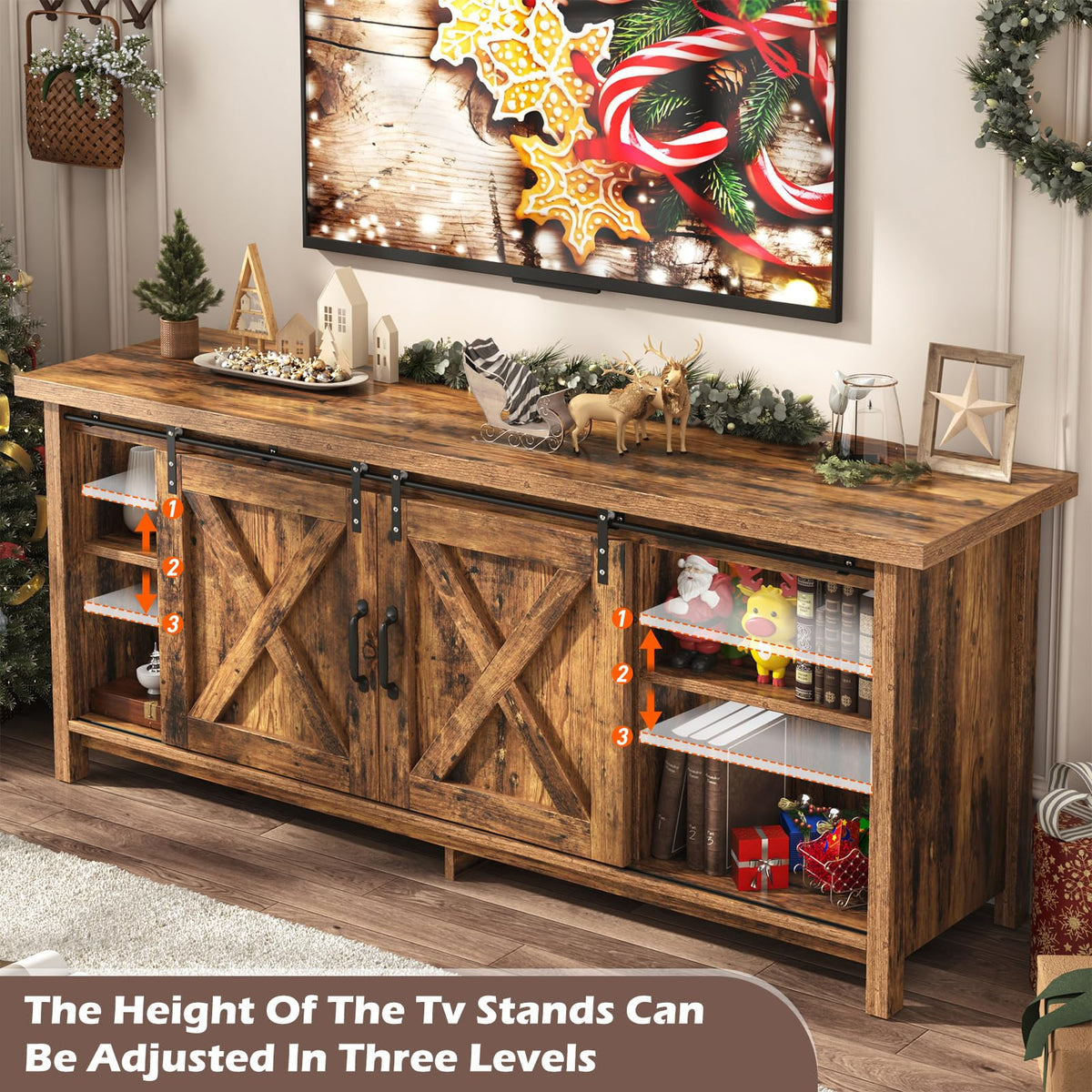 65 Inch Brown Wood TV Stand with Sliding Barn Door Y60553