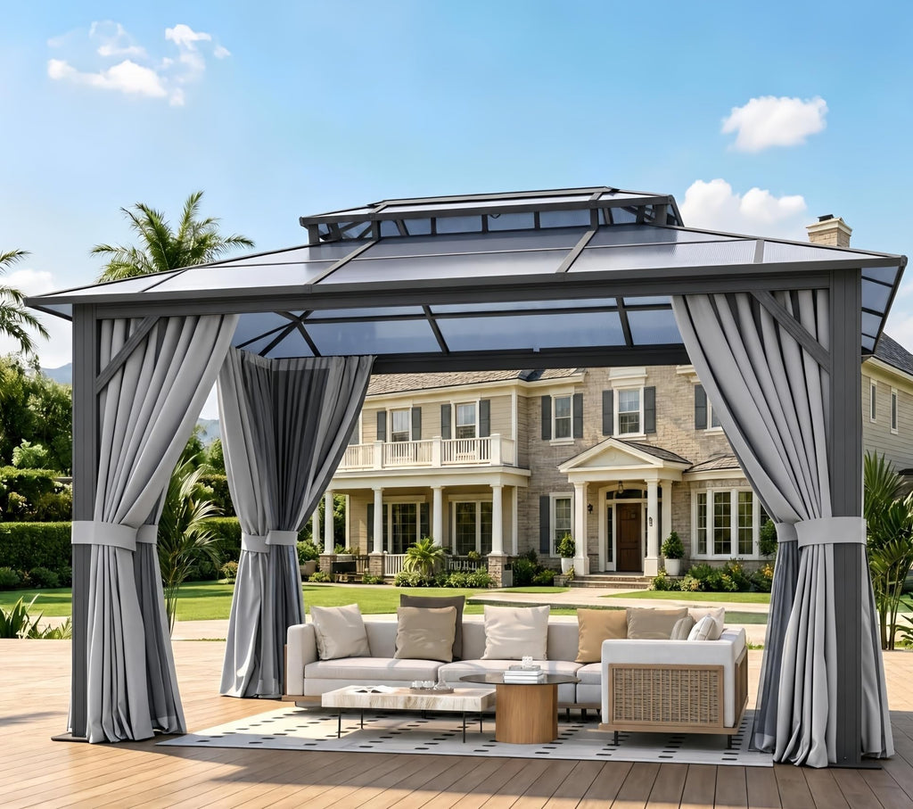 10'x12' Hardtop Aluminum Gazebo with Polycarbonate Roof, Curtains and Netting W1737