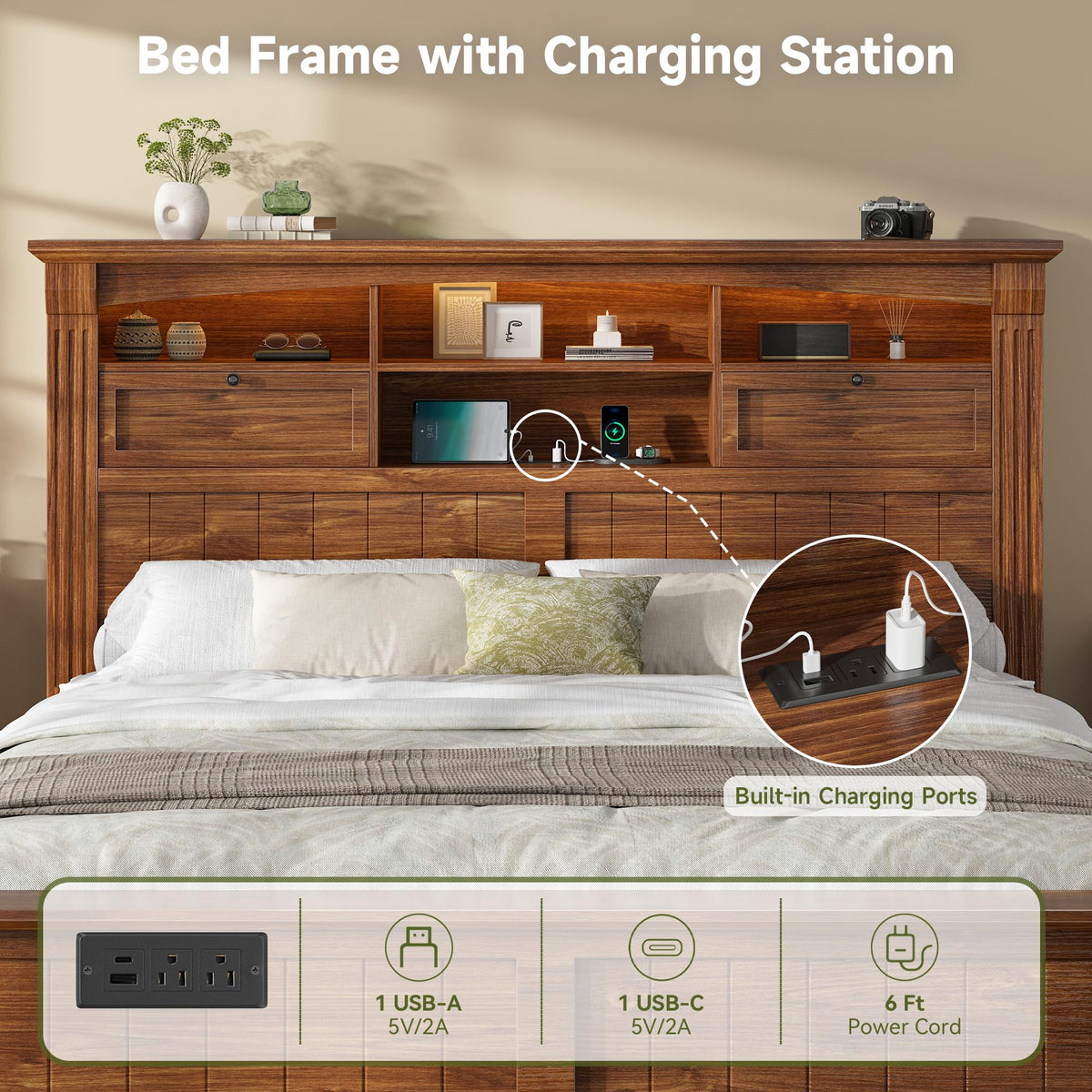 Full Size Bed Frame with Storage Headboard and 4 Drawers N48513