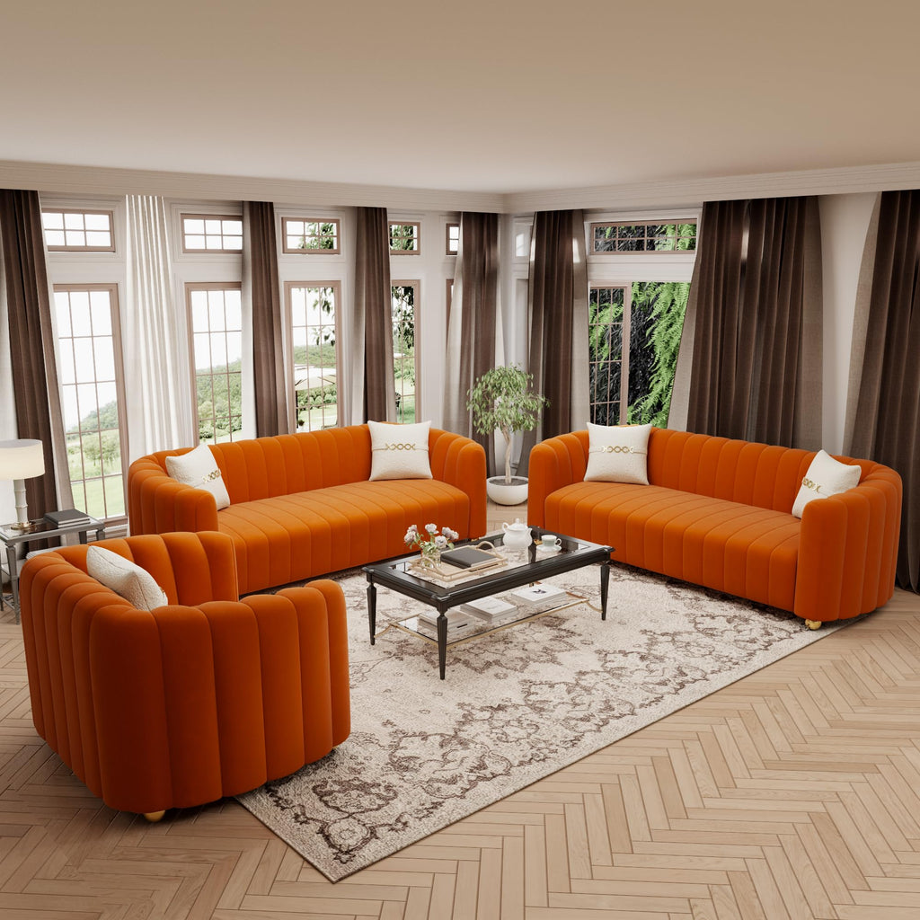 Orange Velvet Tufted 3-Piece Sofa Set G450469