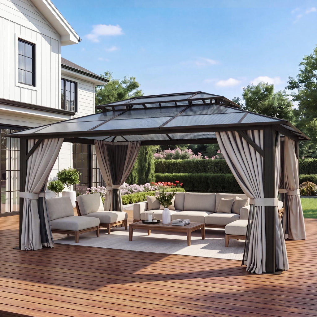 10'x12' Hardtop Aluminum Gazebo with Polycarbonate Roof, Curtains and Netting W1737
