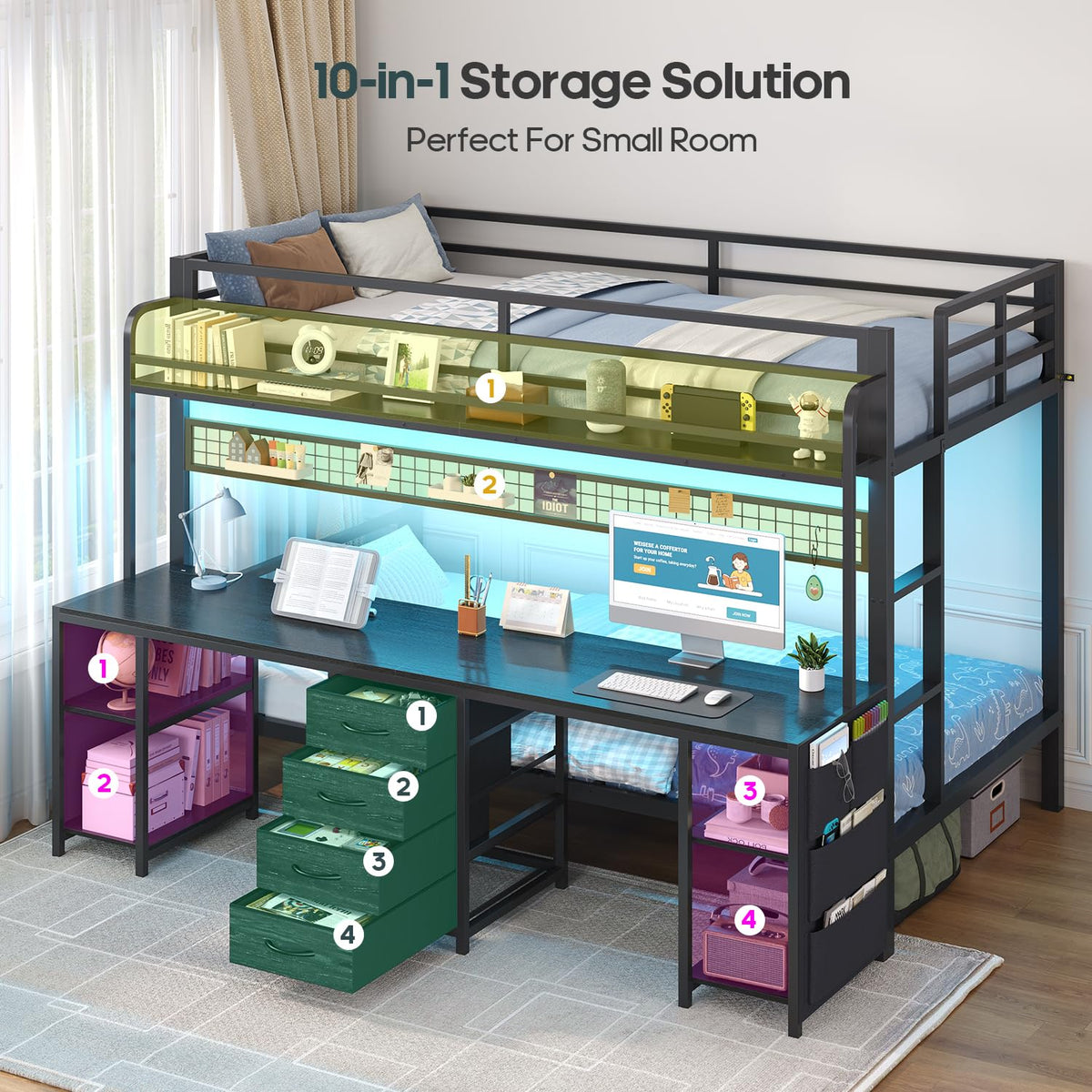 Twin Over Twin Bunk Bed with Desk and LED Lights P7002