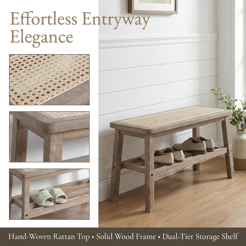 30 Inch Rattan Wooden Entryway Bench with Shoe Rack H778