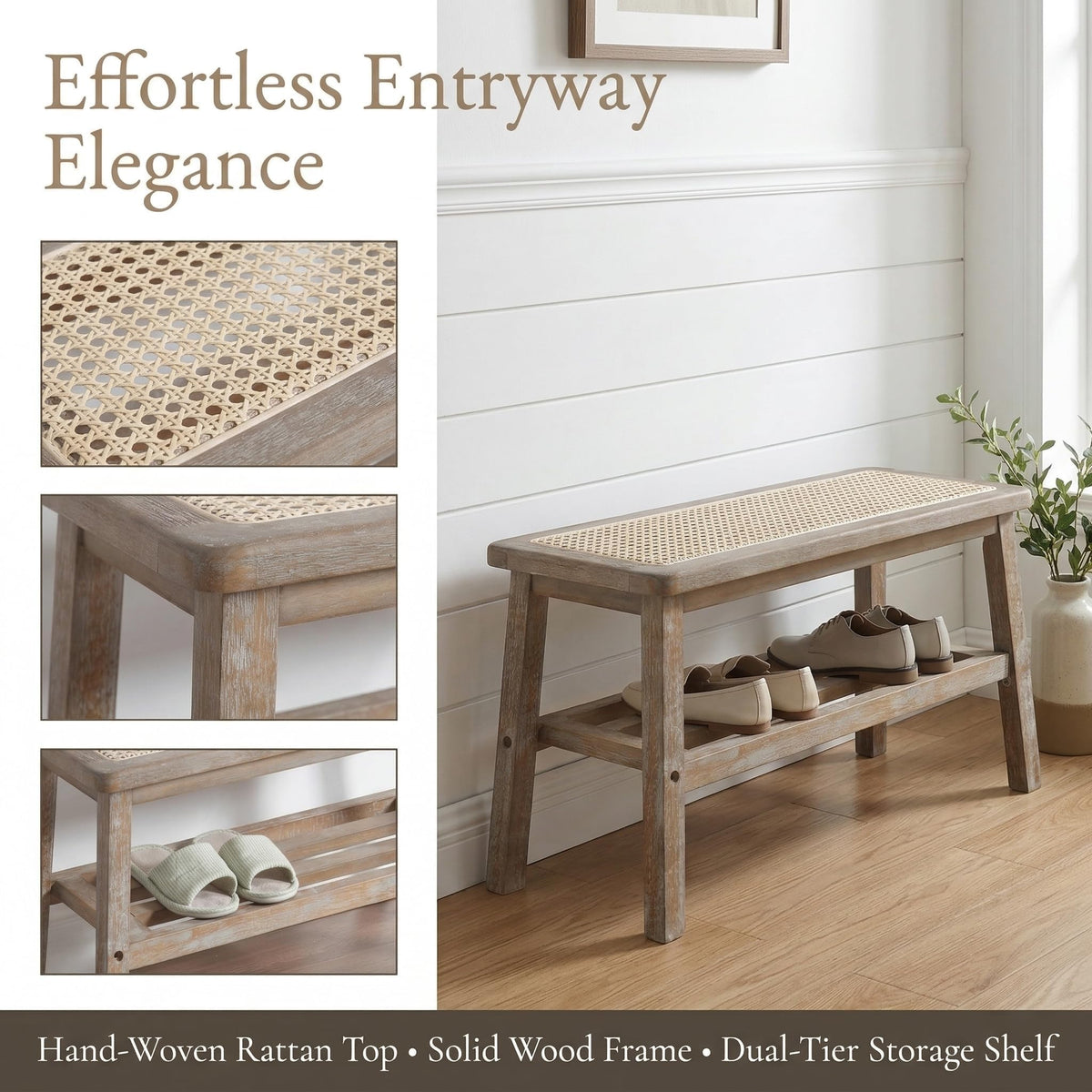 30 Inch Rattan Wooden Entryway Bench with Shoe Rack H778