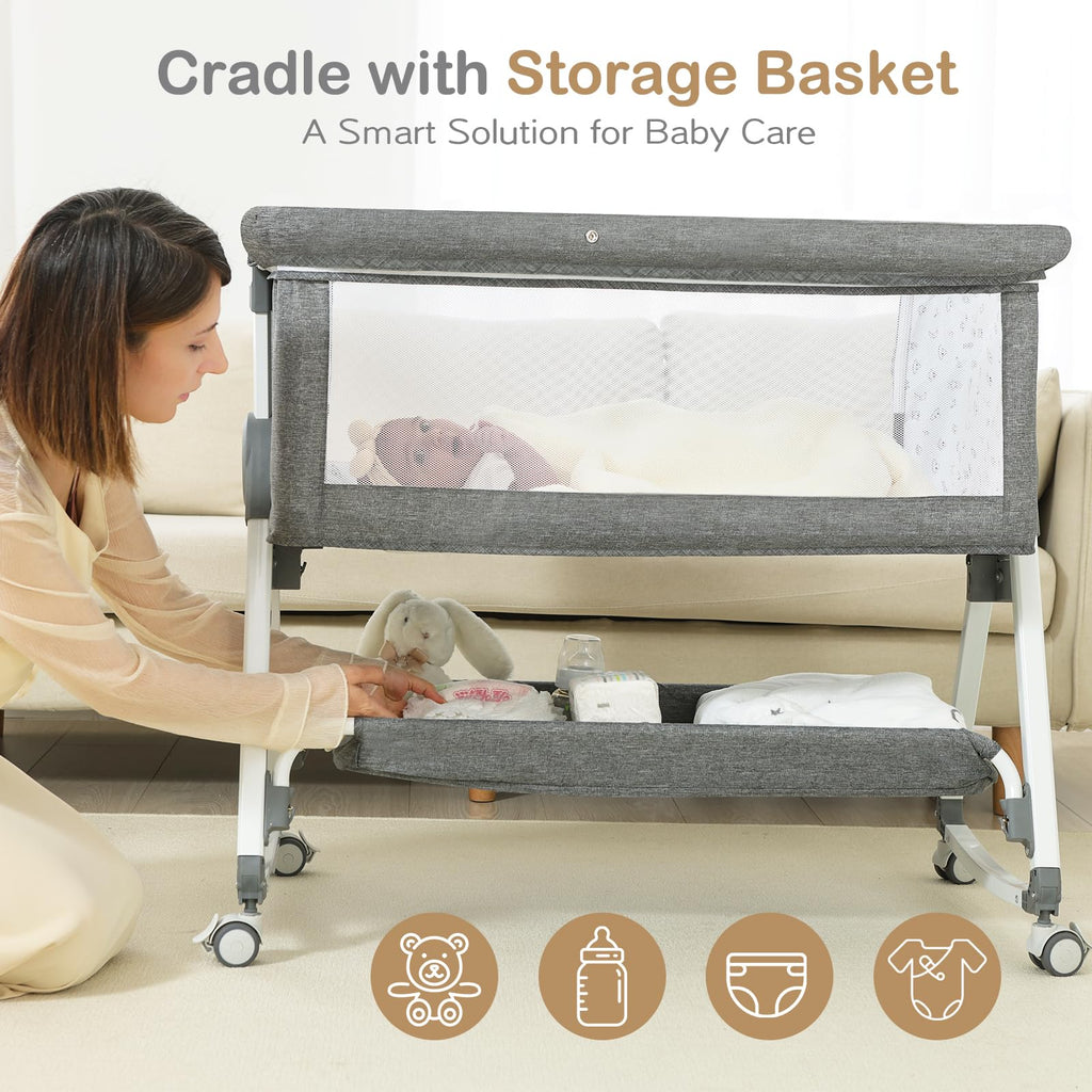 Portable Bedside Bassinet with Waterproof Mattress, Grey I9413