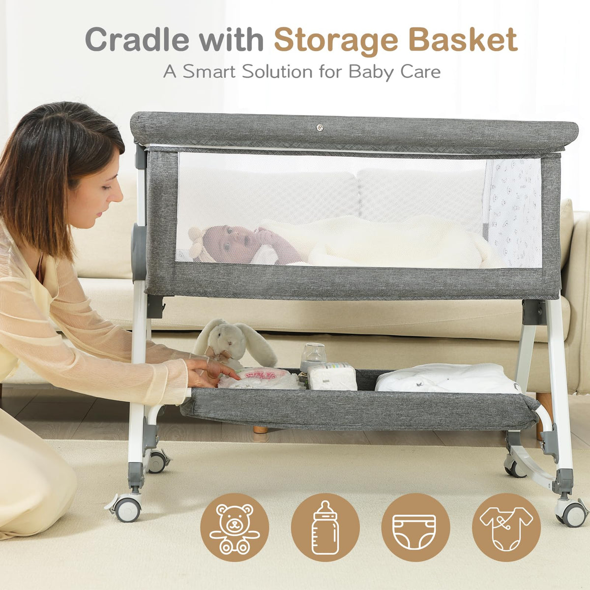 Portable Bedside Bassinet with Waterproof Mattress, Grey I9413