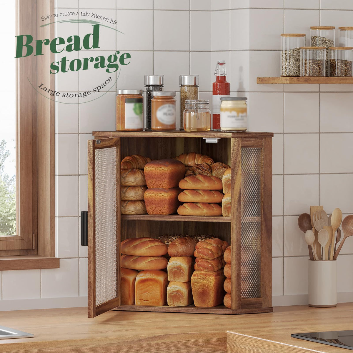 2-Tier Acacia Wood Bread Box with Window J88422