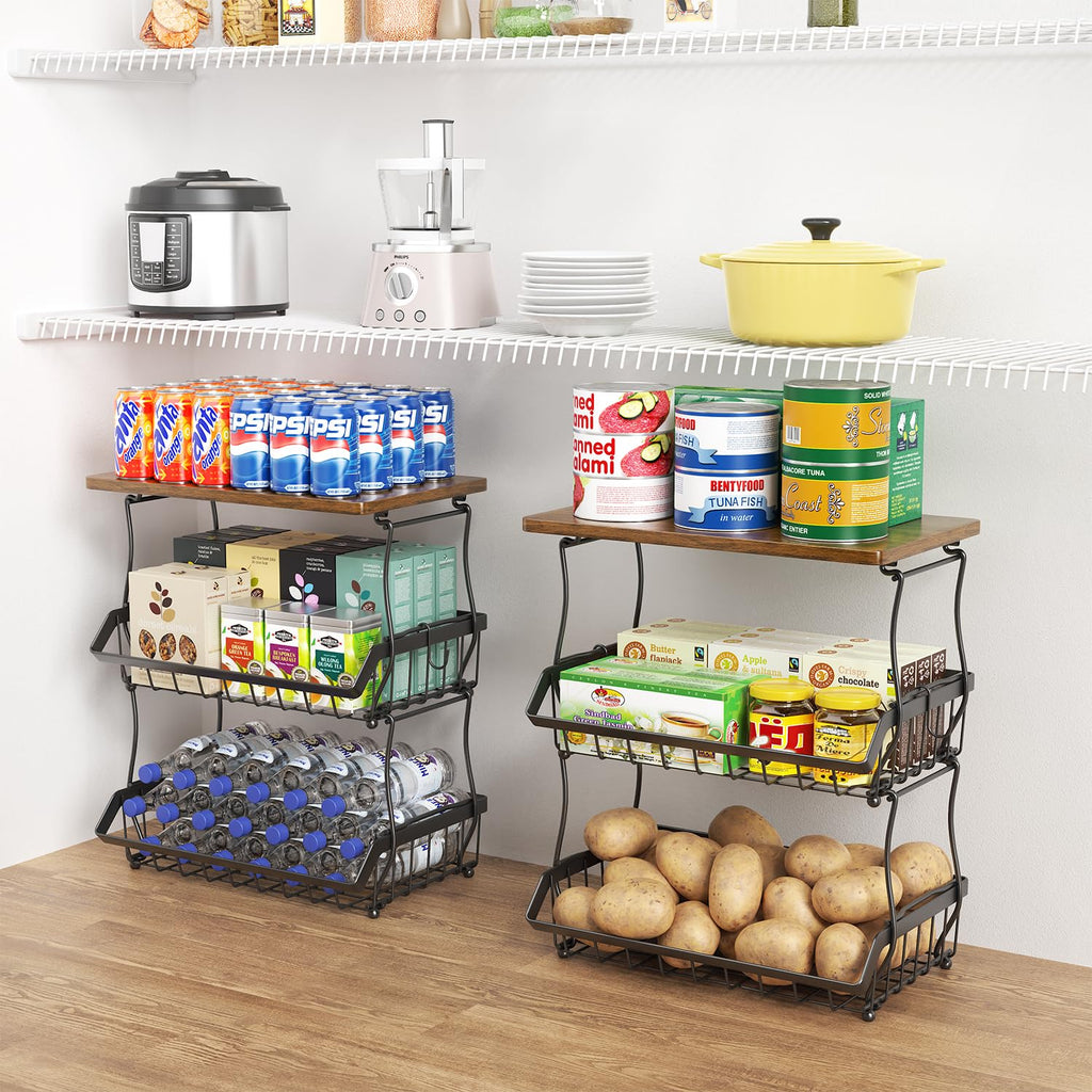 3 Tier Countertop Fruit Basket Bread Bowl with 2 Banana Hangers B4822