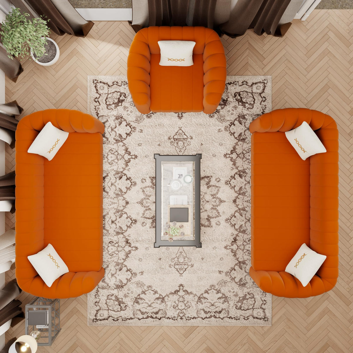 Orange Velvet Tufted 3-Piece Sofa Set G450469