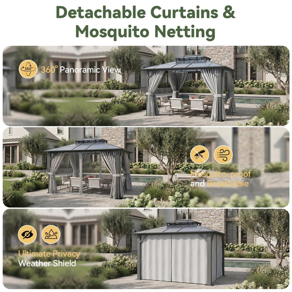 10'x12' Hardtop Aluminum Gazebo with Polycarbonate Roof, Curtains and Netting W1737