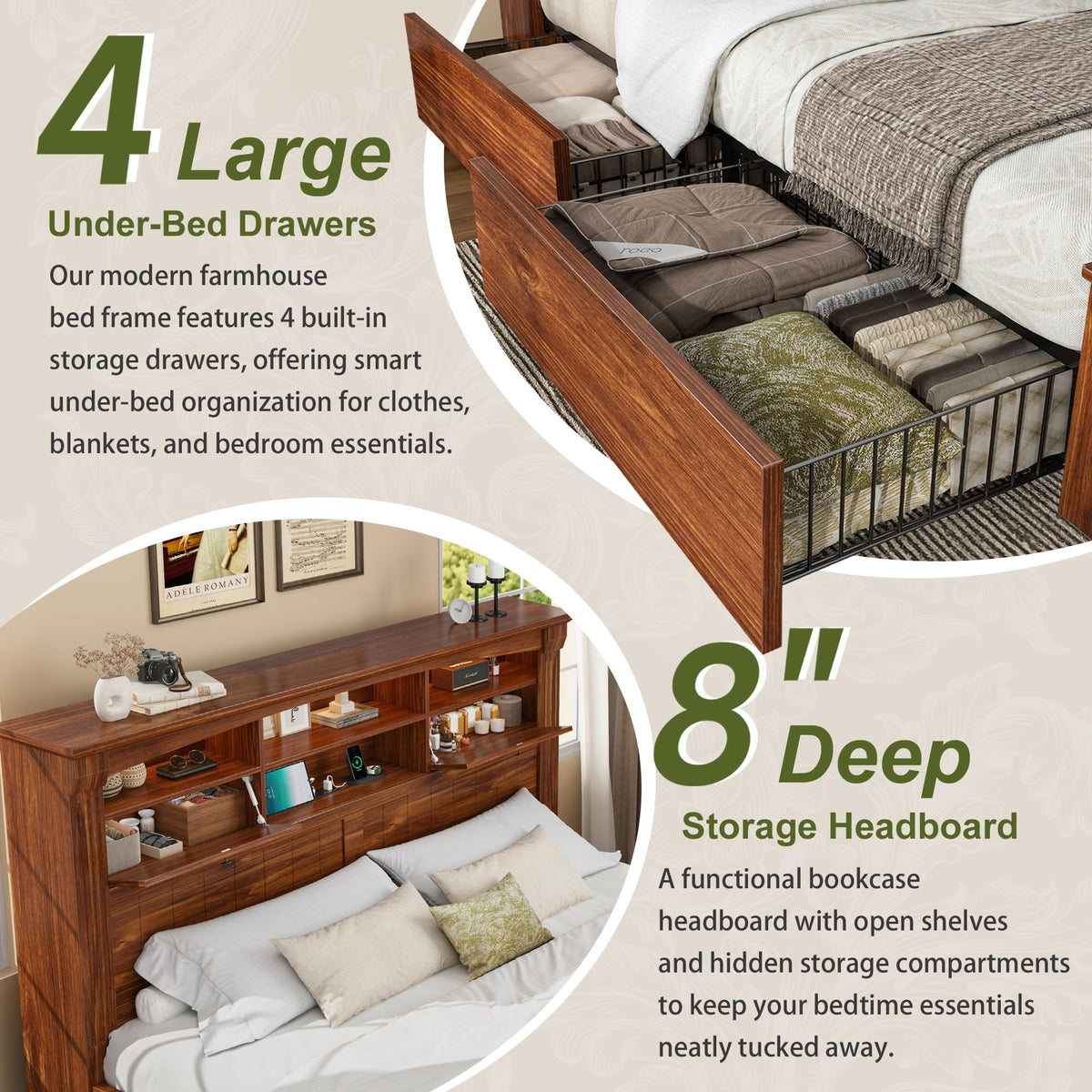 Full Size Bed Frame with Storage Headboard and 4 Drawers N48513