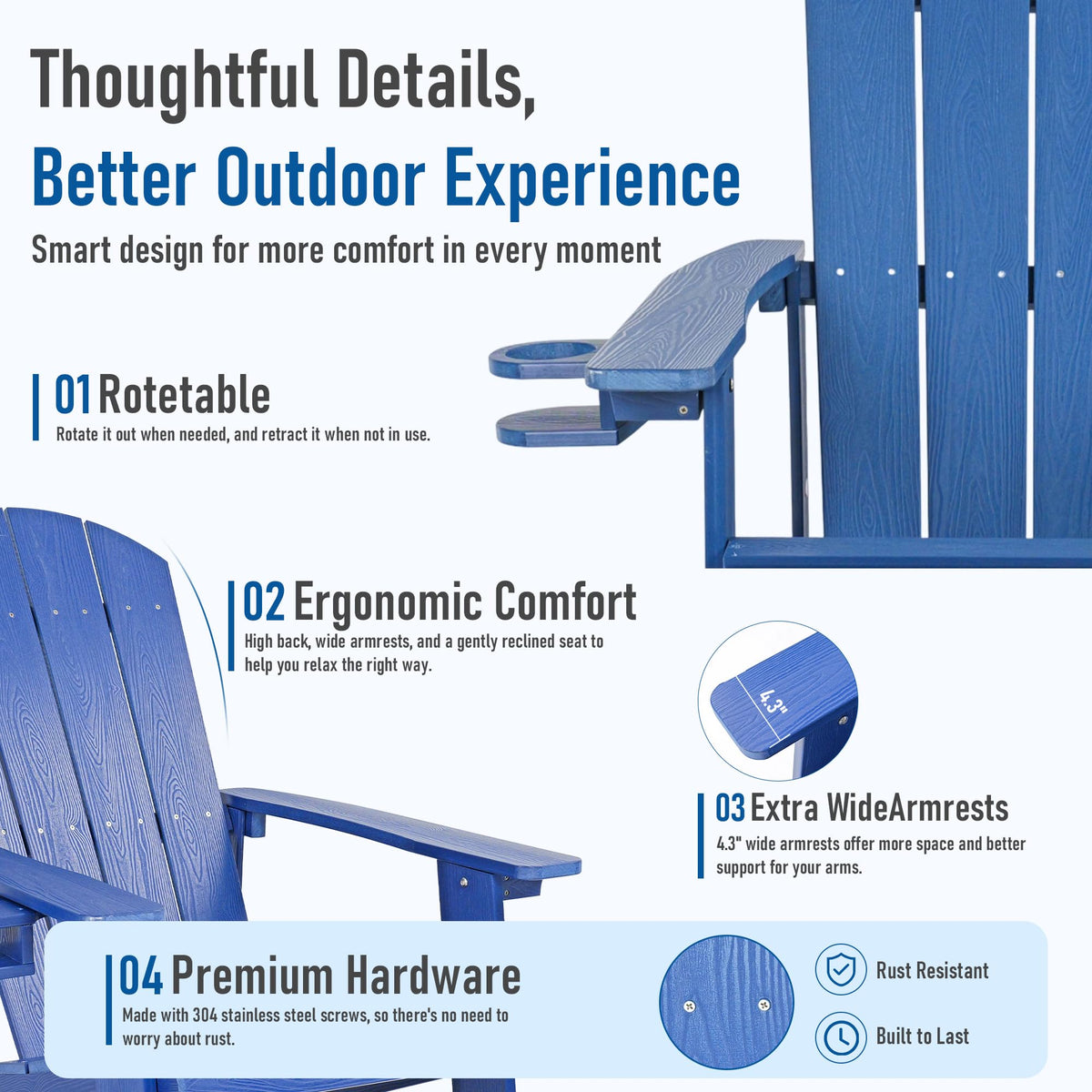 Blue HDPE Adirondack Chair with Cup Holders H16492