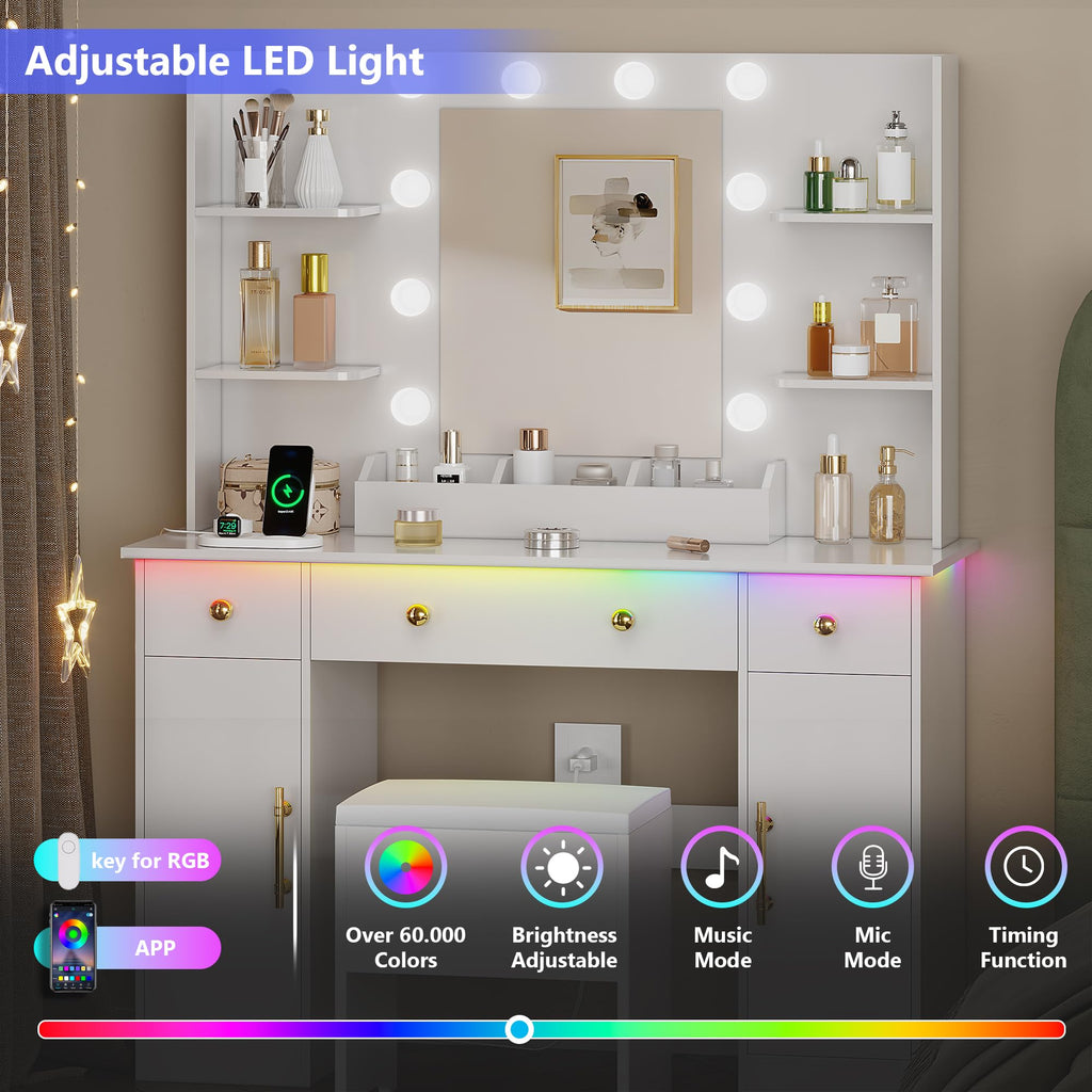 White Vanity Desk with Mirror and Lights, Charging Station, Stool, 3 Drawers and Cabinets Z199