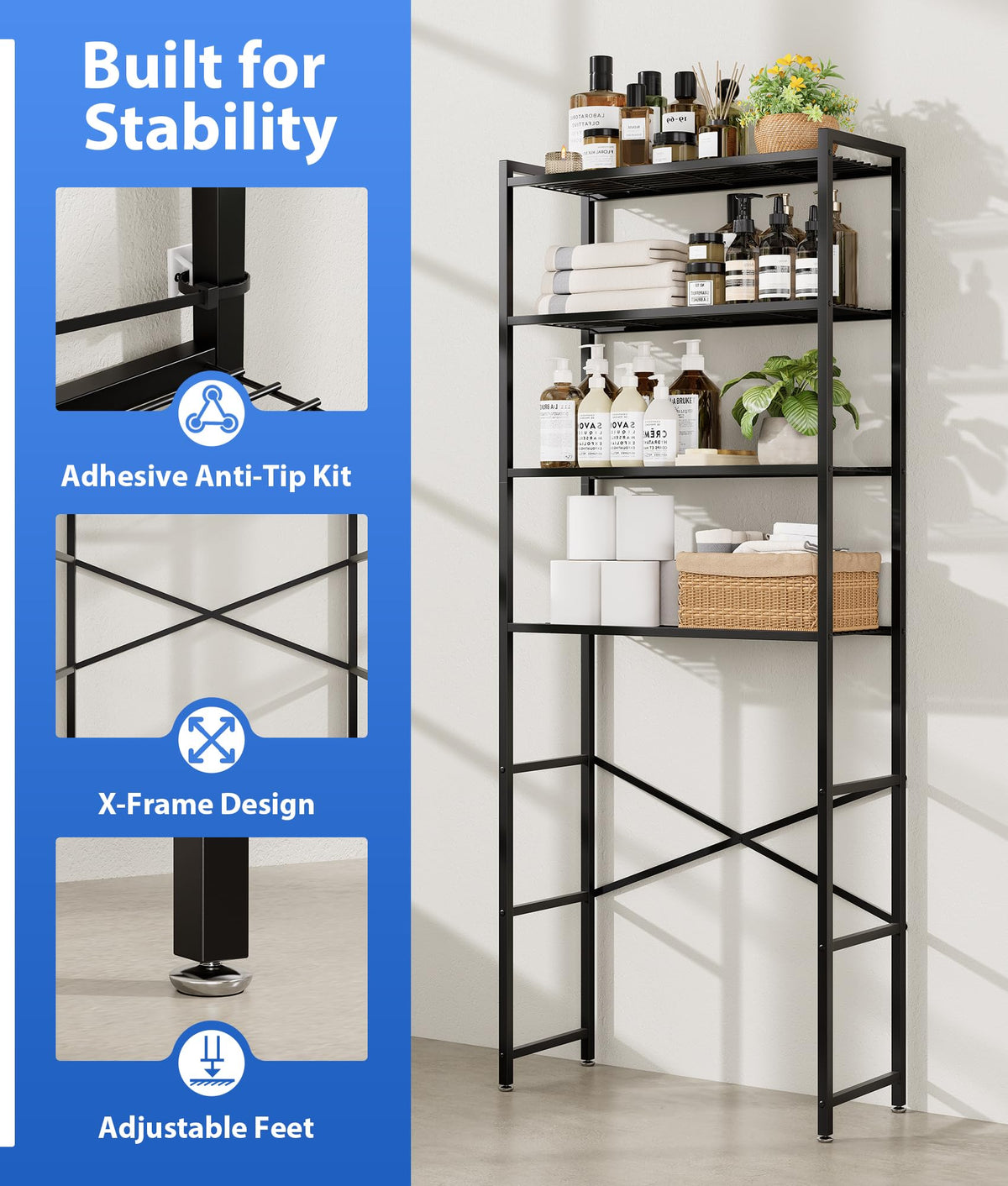 4-Tier Over The Toilet Storage Rack, Black E596