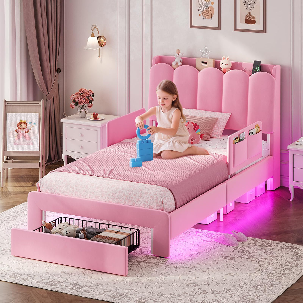 Pink Velvet Upholstered Twin Size Platform Bed with Storage Drawer K45787