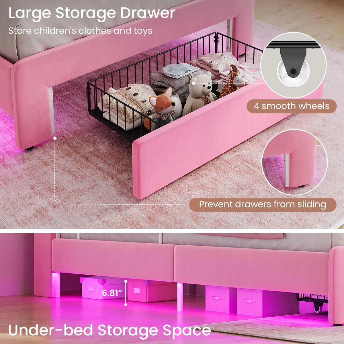 Pink Velvet Upholstered Twin Size Platform Bed with Storage Drawer K45787