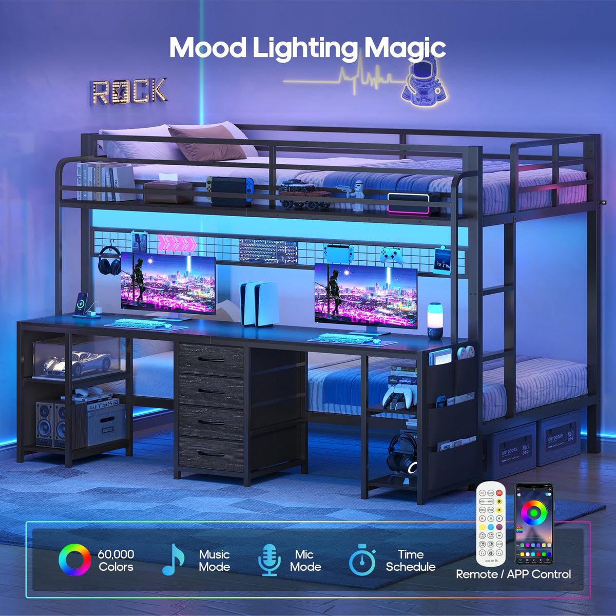Twin Over Twin Bunk Bed with Desk and LED Lights P7002