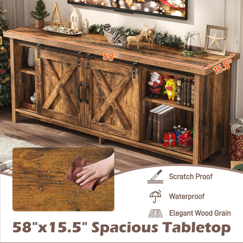 65 Inch Brown Wood TV Stand with Sliding Barn Door Y60553