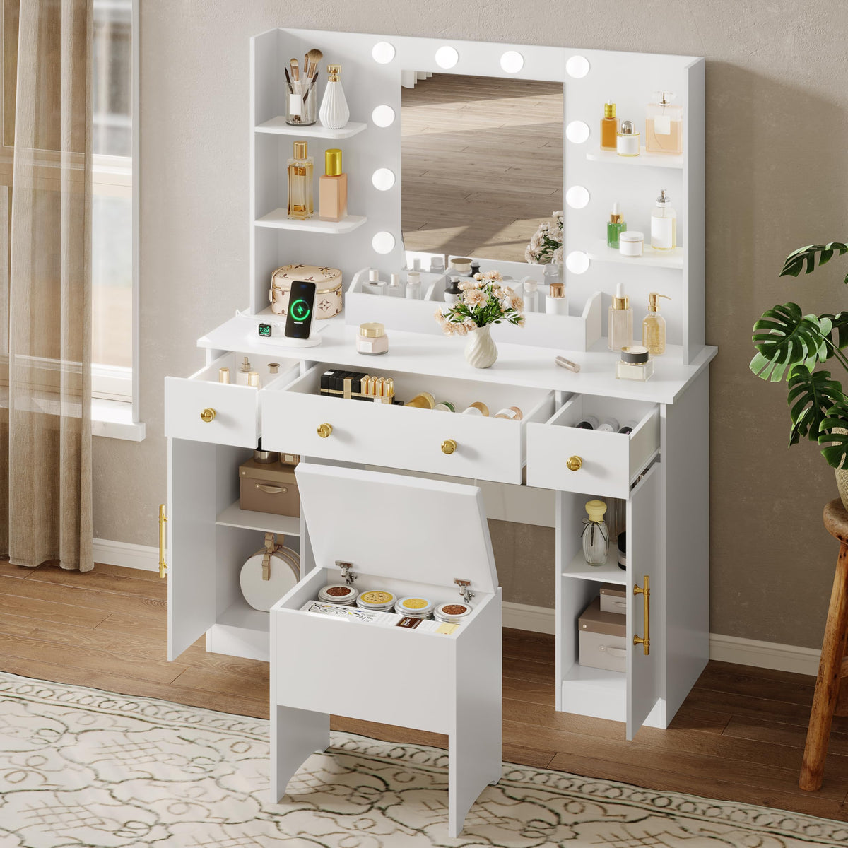 White Vanity Desk with Mirror and Lights, Charging Station, Stool, 3 Drawers and Cabinets Z199