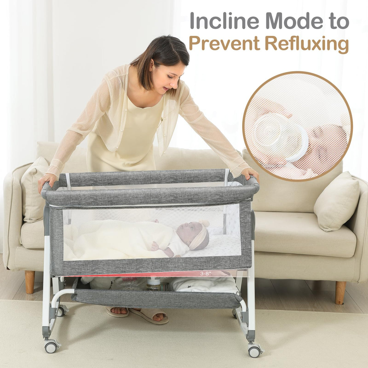 Portable Bedside Bassinet with Waterproof Mattress, Grey I9413