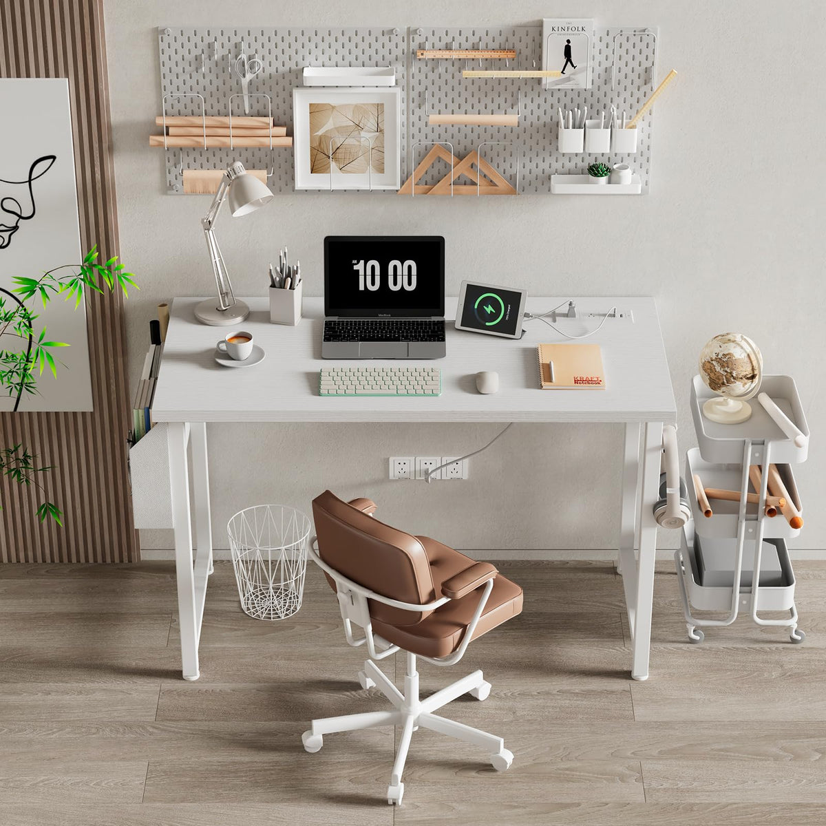 White 40 inch Computer Desk with Power Outlet and Storage Pocket L89455