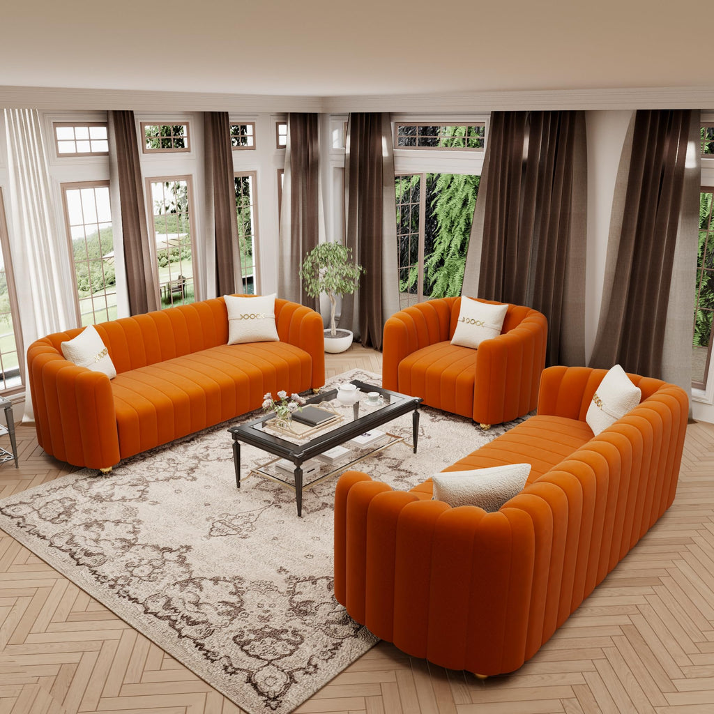 Orange Velvet Tufted 3-Piece Sofa Set G450469