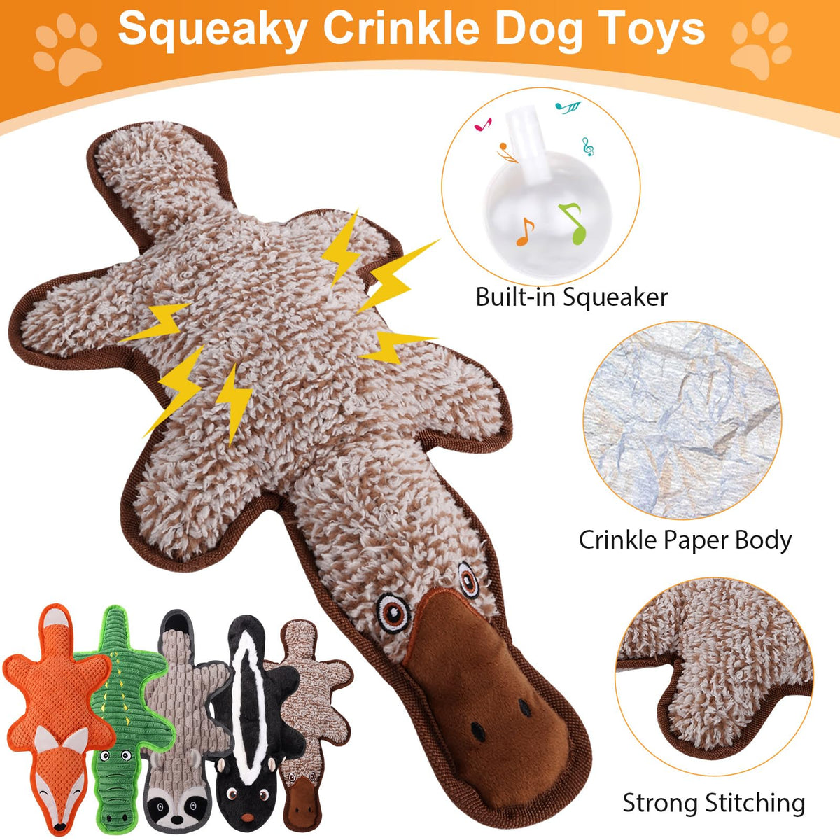 5 Pack Squeaky Plush Dog Toys with Crinkle Paper F750