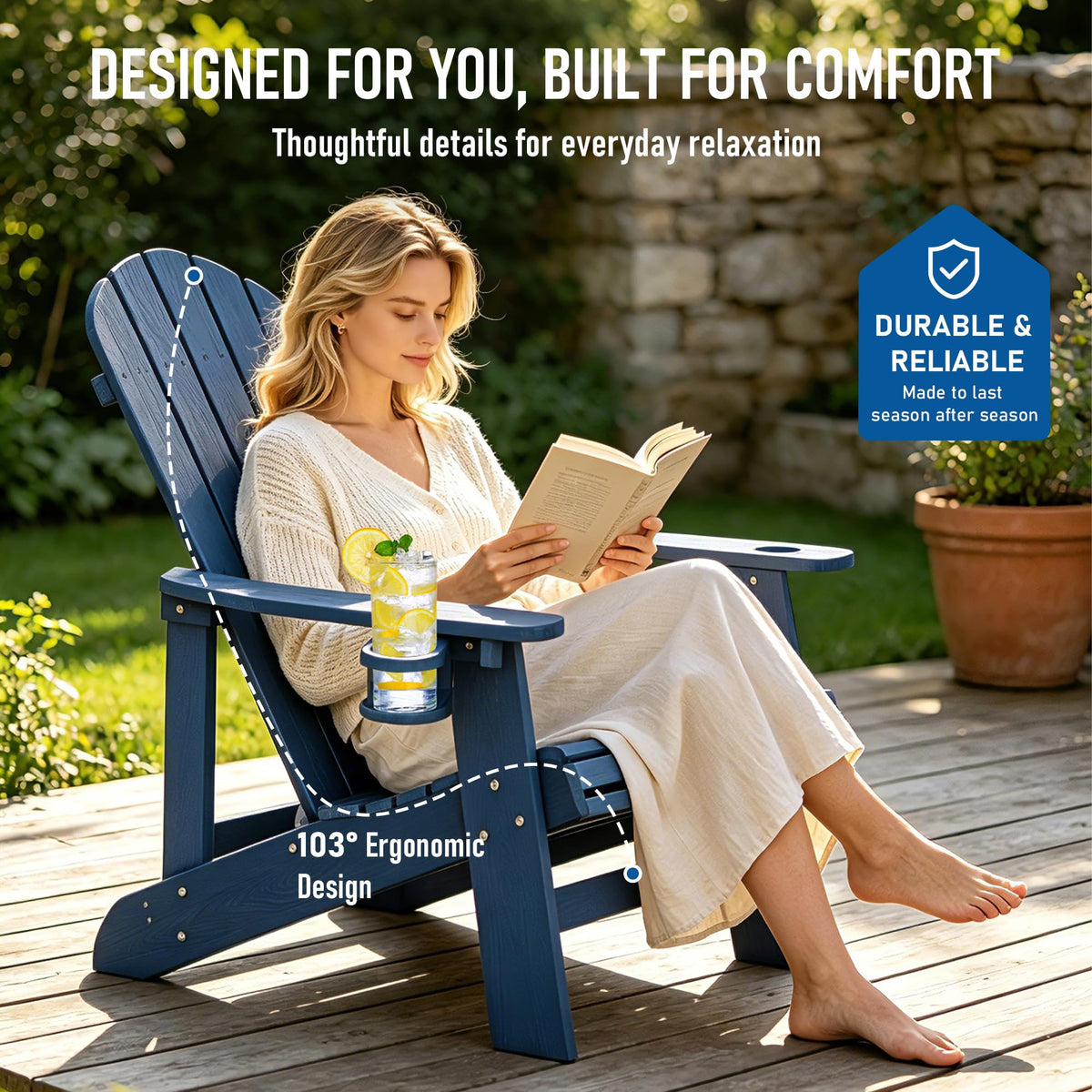 Blue HDPE Adirondack Chair with Cup Holders H16492