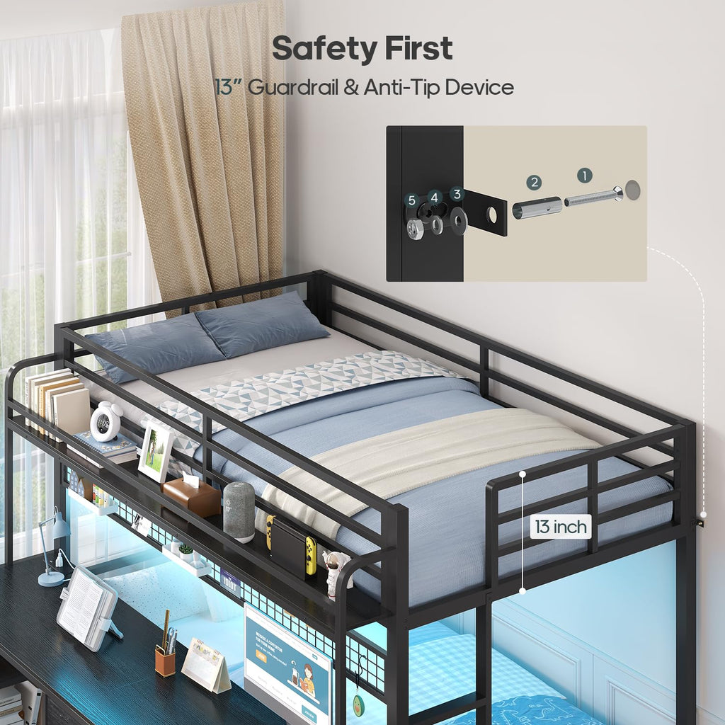 Twin Over Twin Bunk Bed with Desk and LED Lights P7002