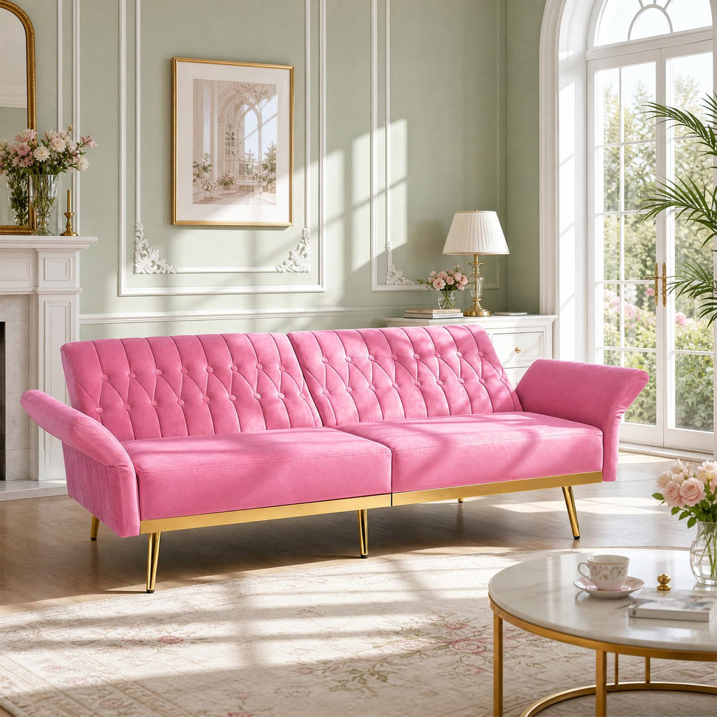 Pink Velvet Futon Sofa Bed I582581