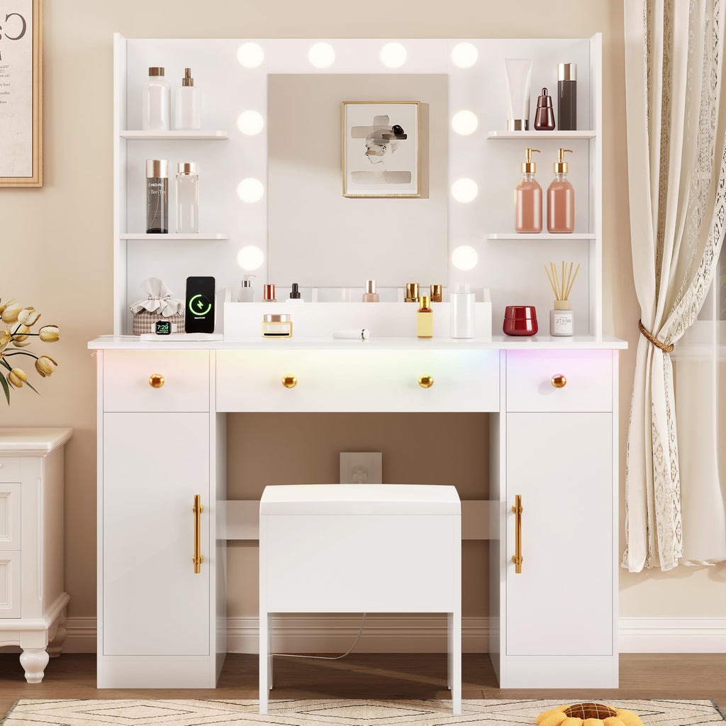 White Vanity Desk with Mirror and Lights, Charging Station, Stool, 3 Drawers and Cabinets Z199