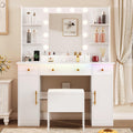 White Vanity Desk with Mirror and Lights, Charging Station, Stool, 3 Drawers and Cabinets Z199