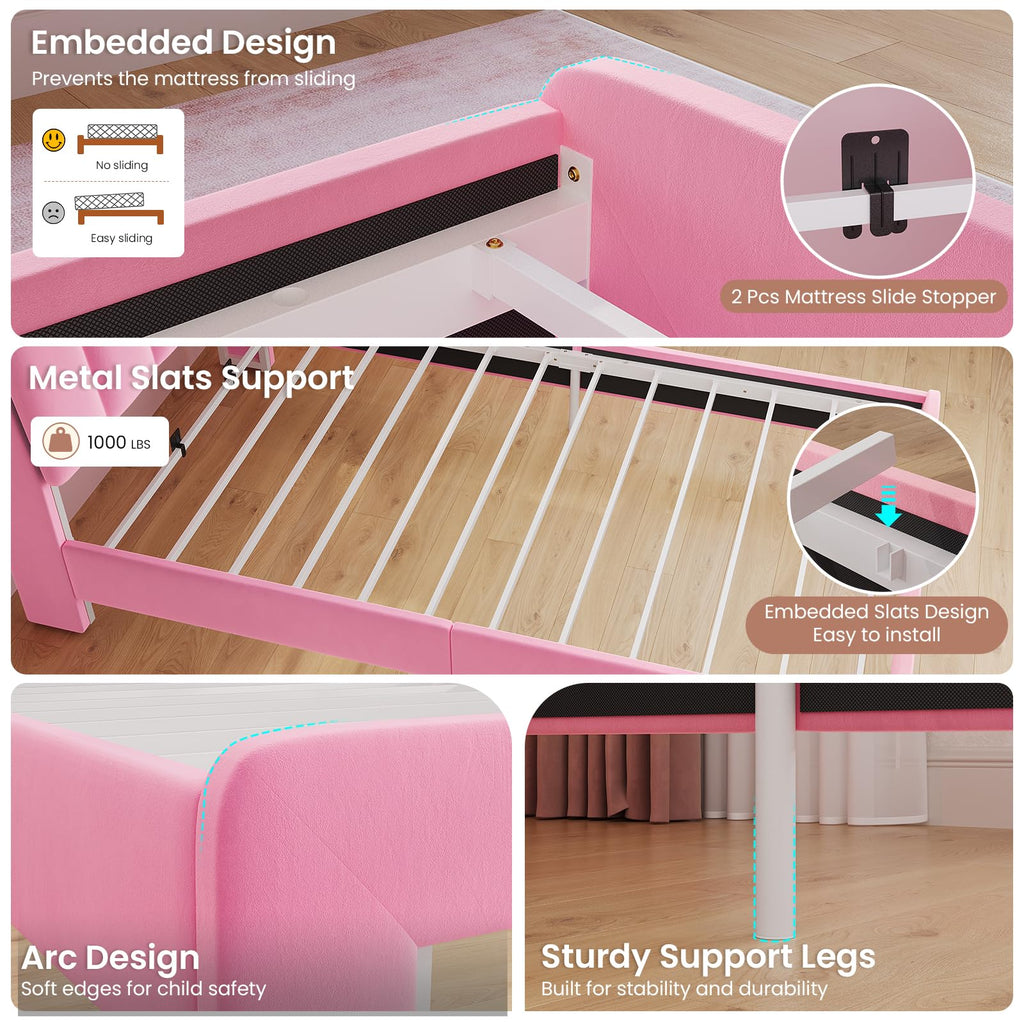 Pink Velvet Upholstered Twin Size Platform Bed with Storage Drawer K45787