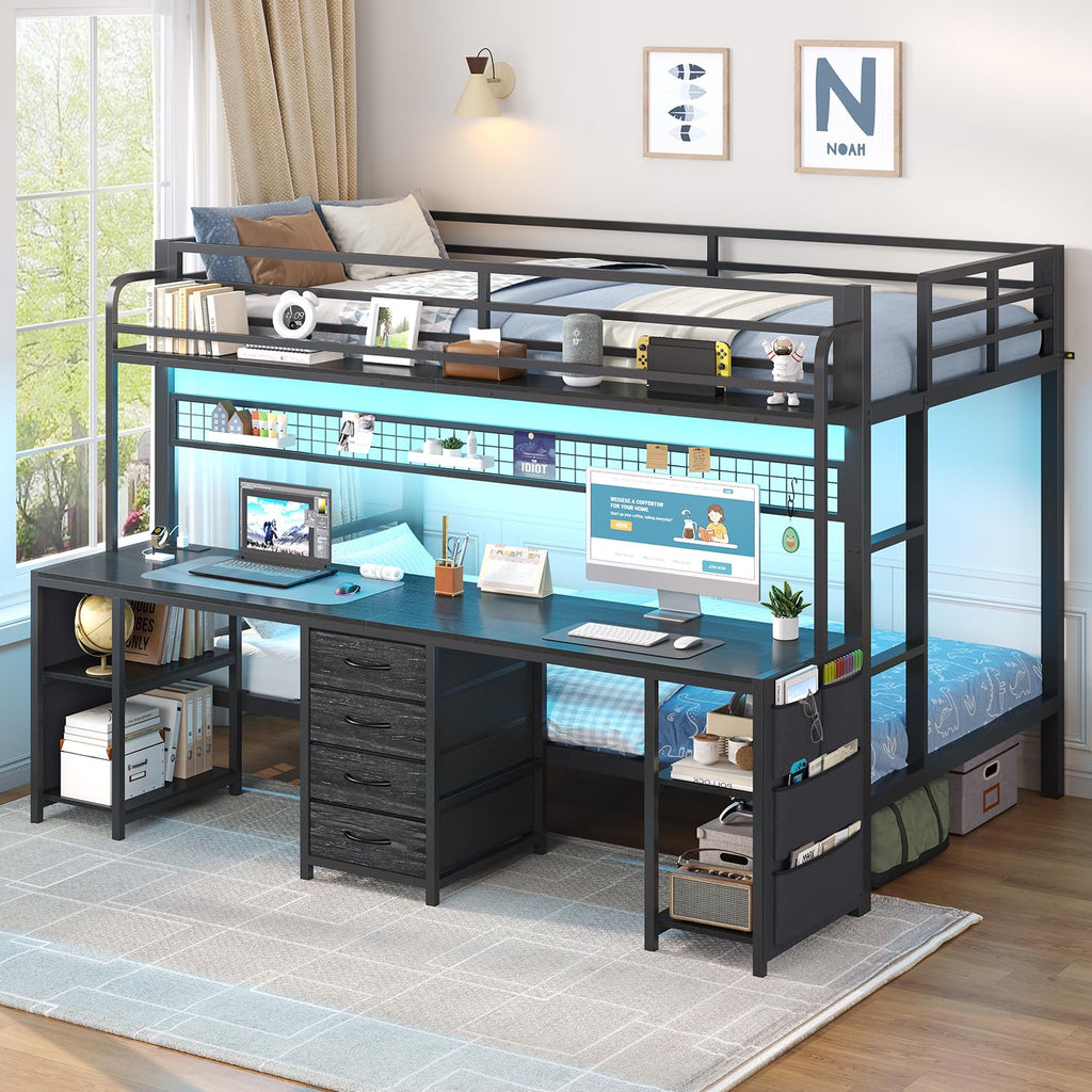 Twin Over Twin Bunk Bed with Desk and LED Lights P7002