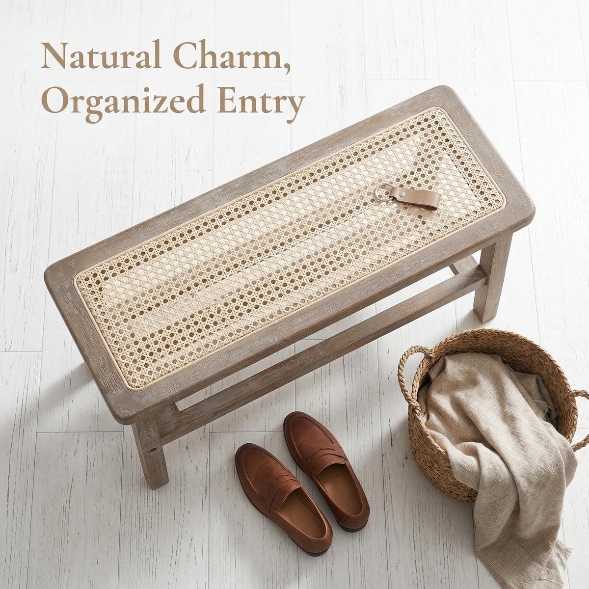 30 Inch Rattan Wooden Entryway Bench with Shoe Rack H778