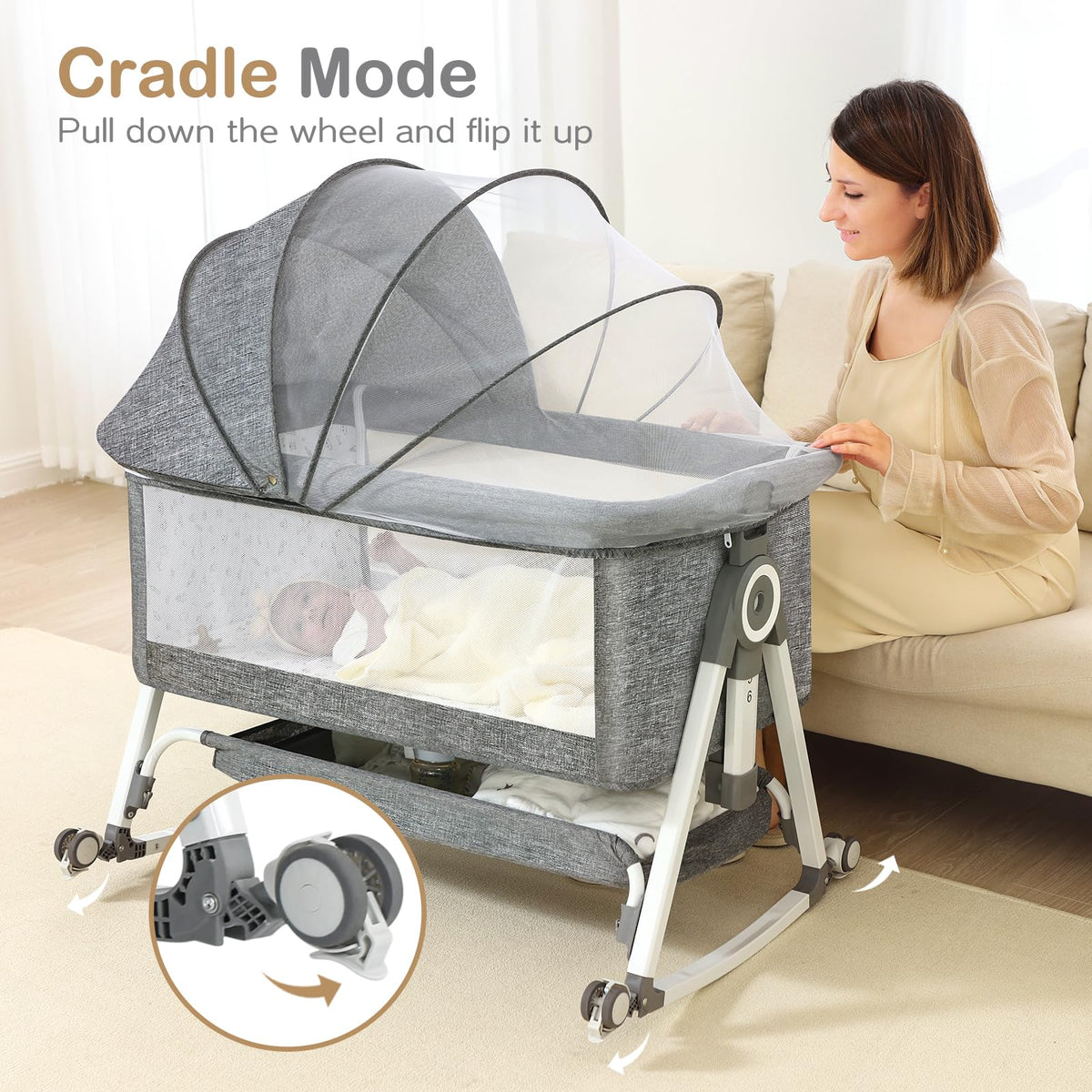Portable Bedside Bassinet with Waterproof Mattress, Grey I9413