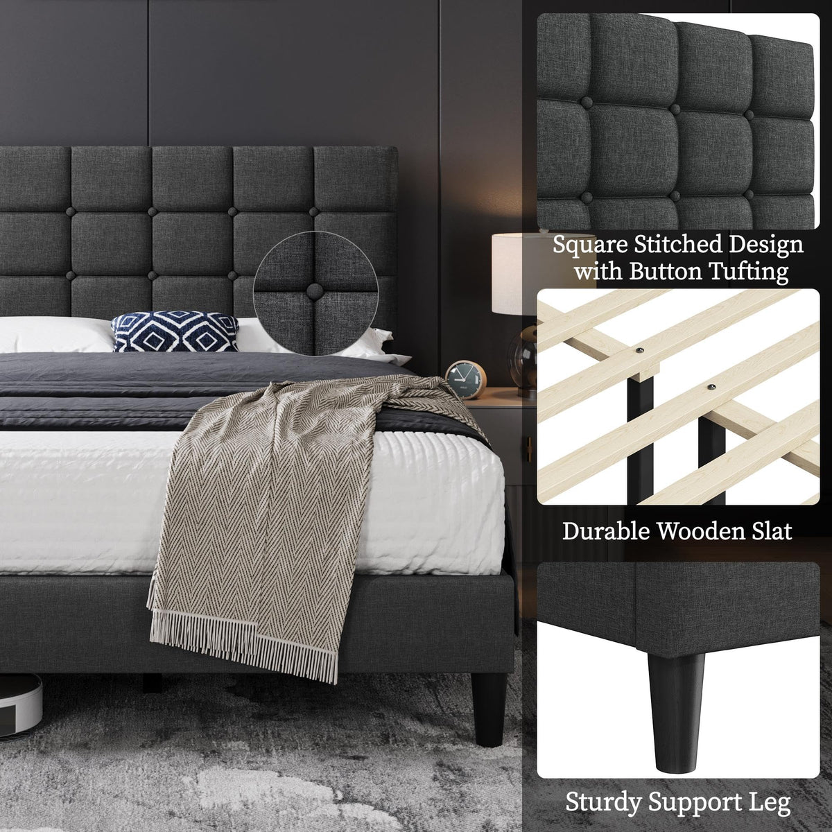Full Size Upholstered Tufted Bed Frame with Headboard P561684