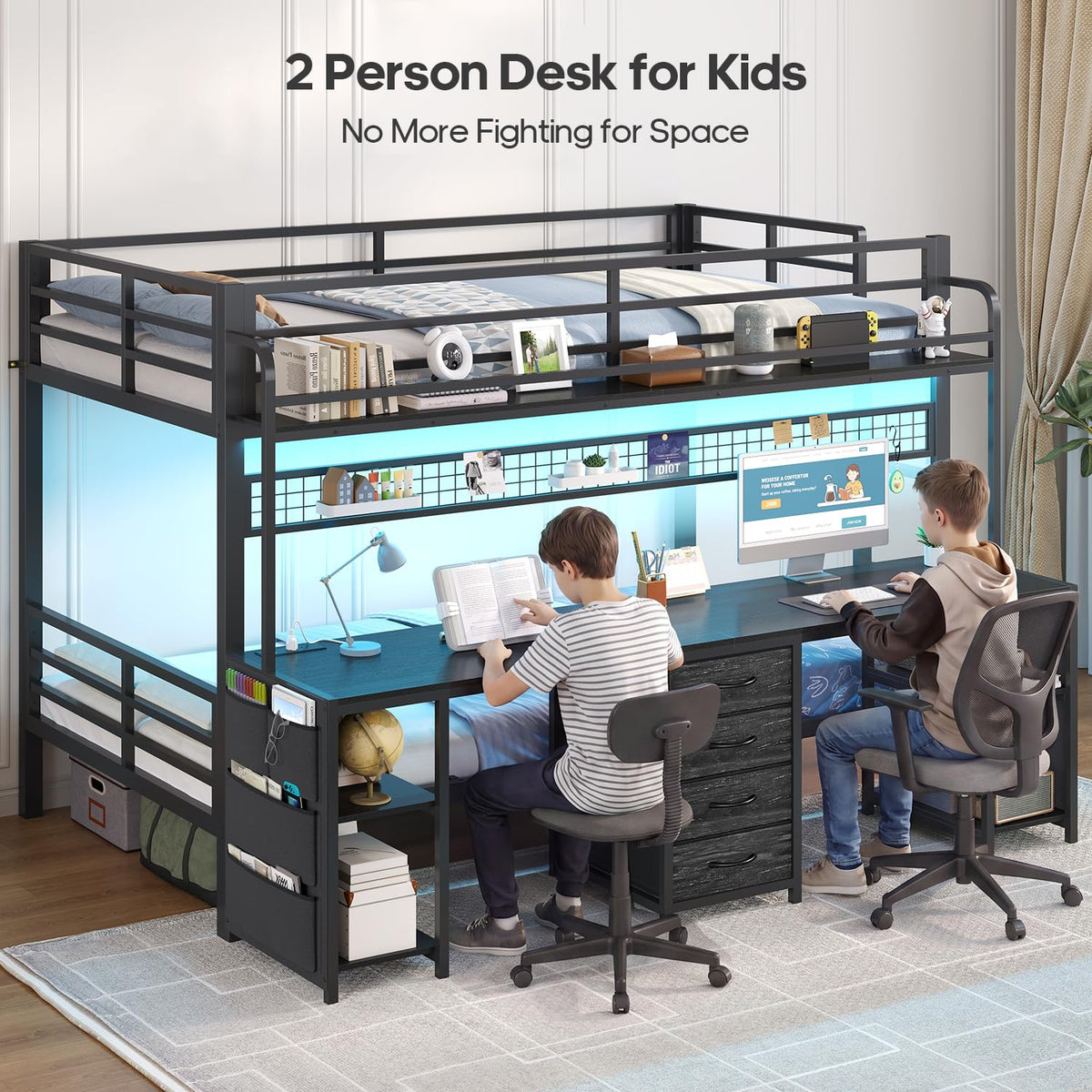 Twin Over Twin Bunk Bed with Desk and LED Lights P7002