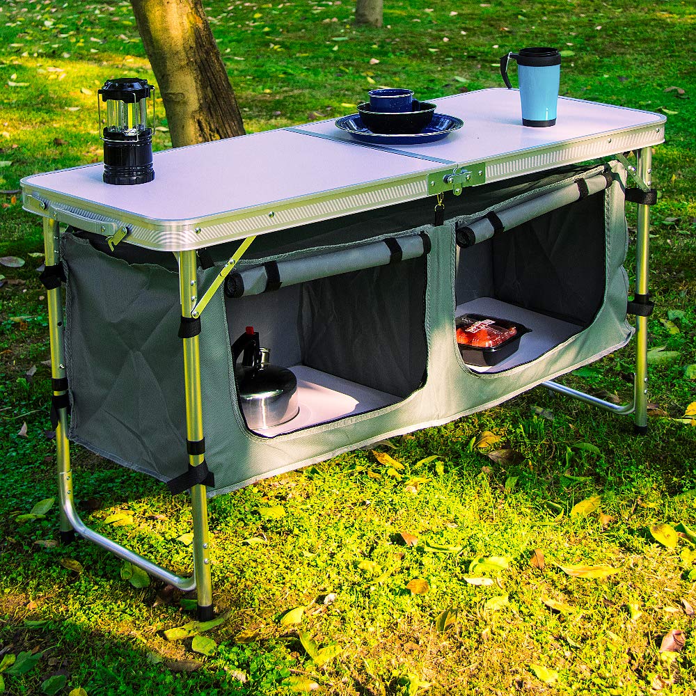 Aluminum Lightweight Height Adjustable Folding Table with Storage Organizer D3858