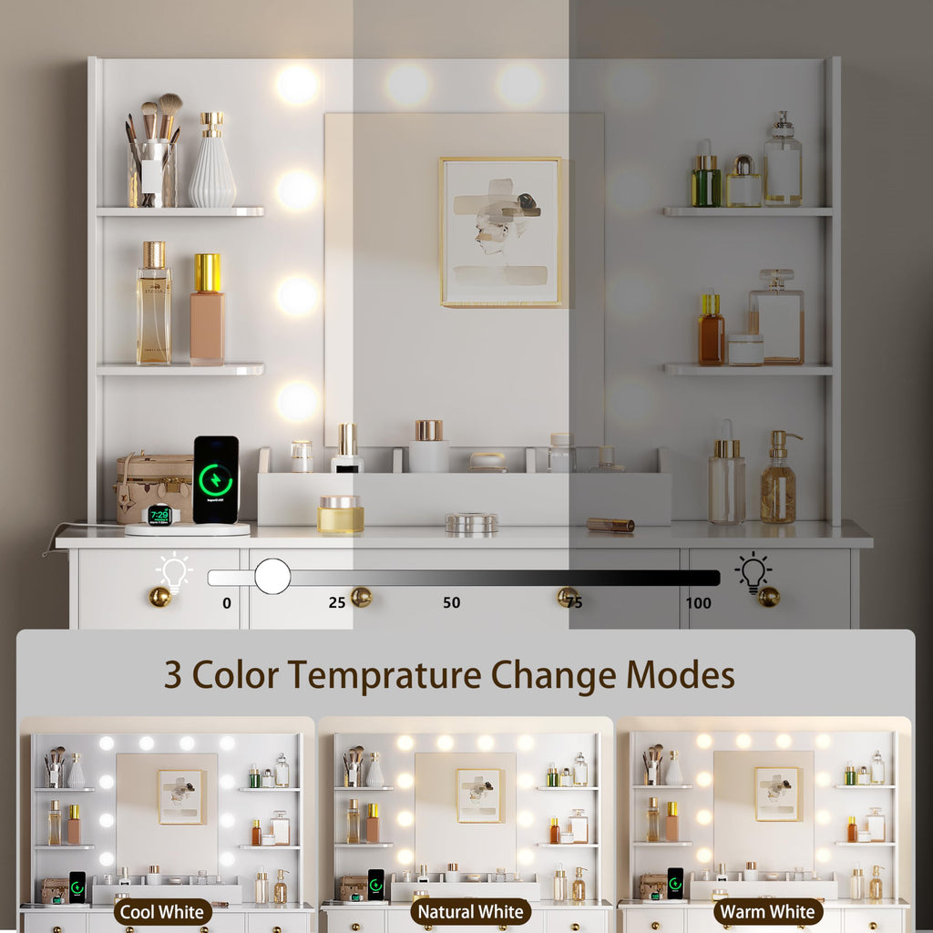 White Vanity Desk with Mirror and Lights, Charging Station, Stool, 3 Drawers and Cabinets Z199