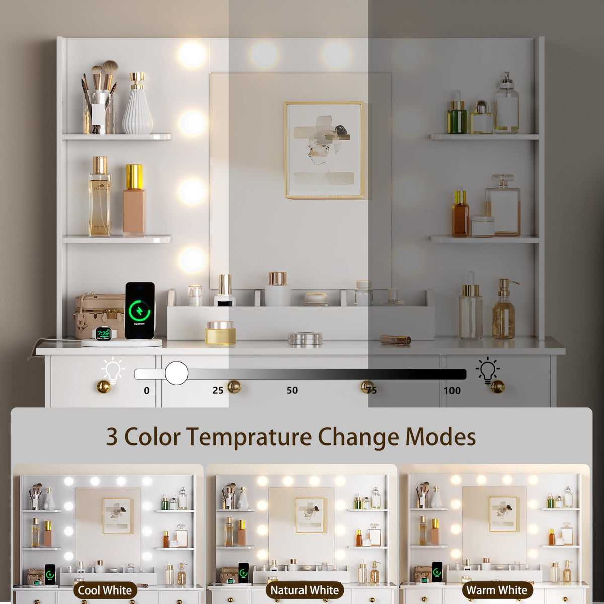 White Vanity Desk with Mirror and Lights, Charging Station, Stool, 3 Drawers and Cabinets Z199